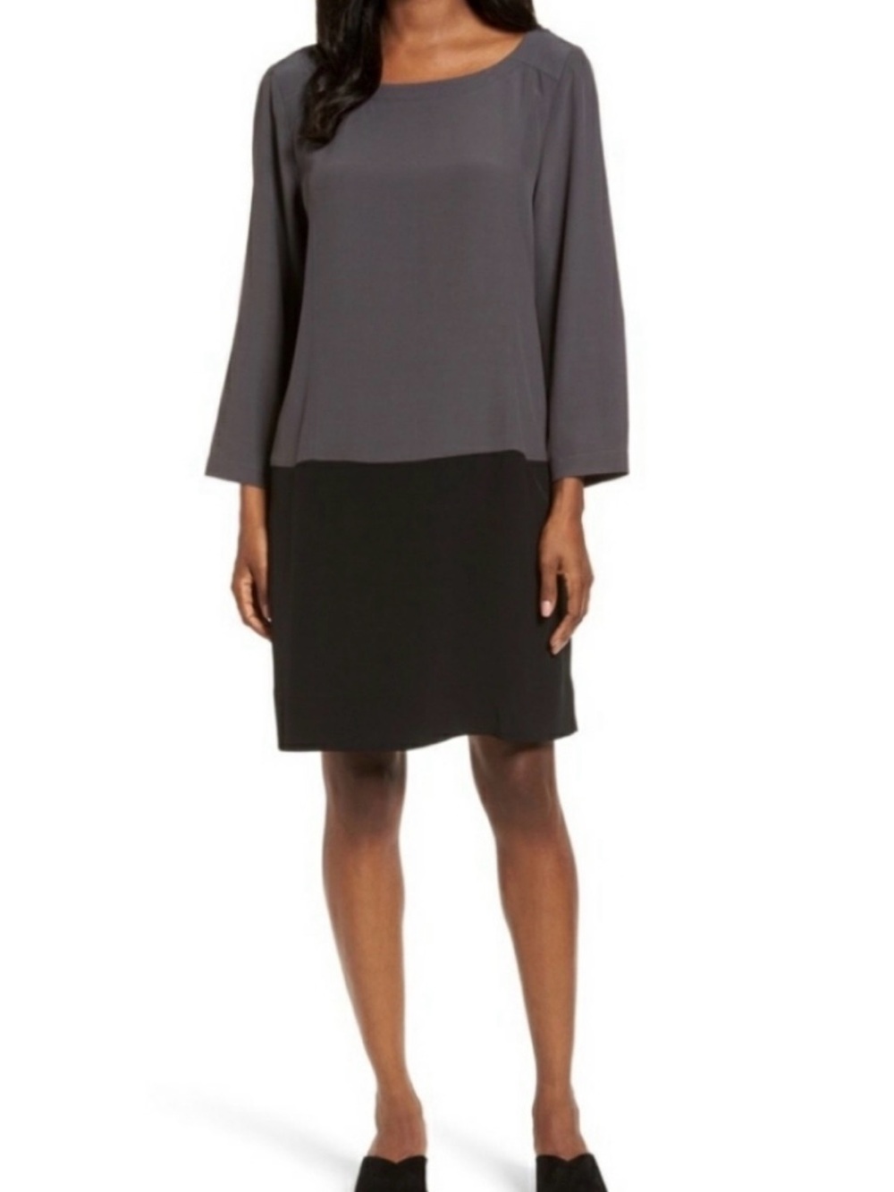 Eileen Fisher Colorblock Shift Dress Gray Black Bateau Neck Tunic Size M